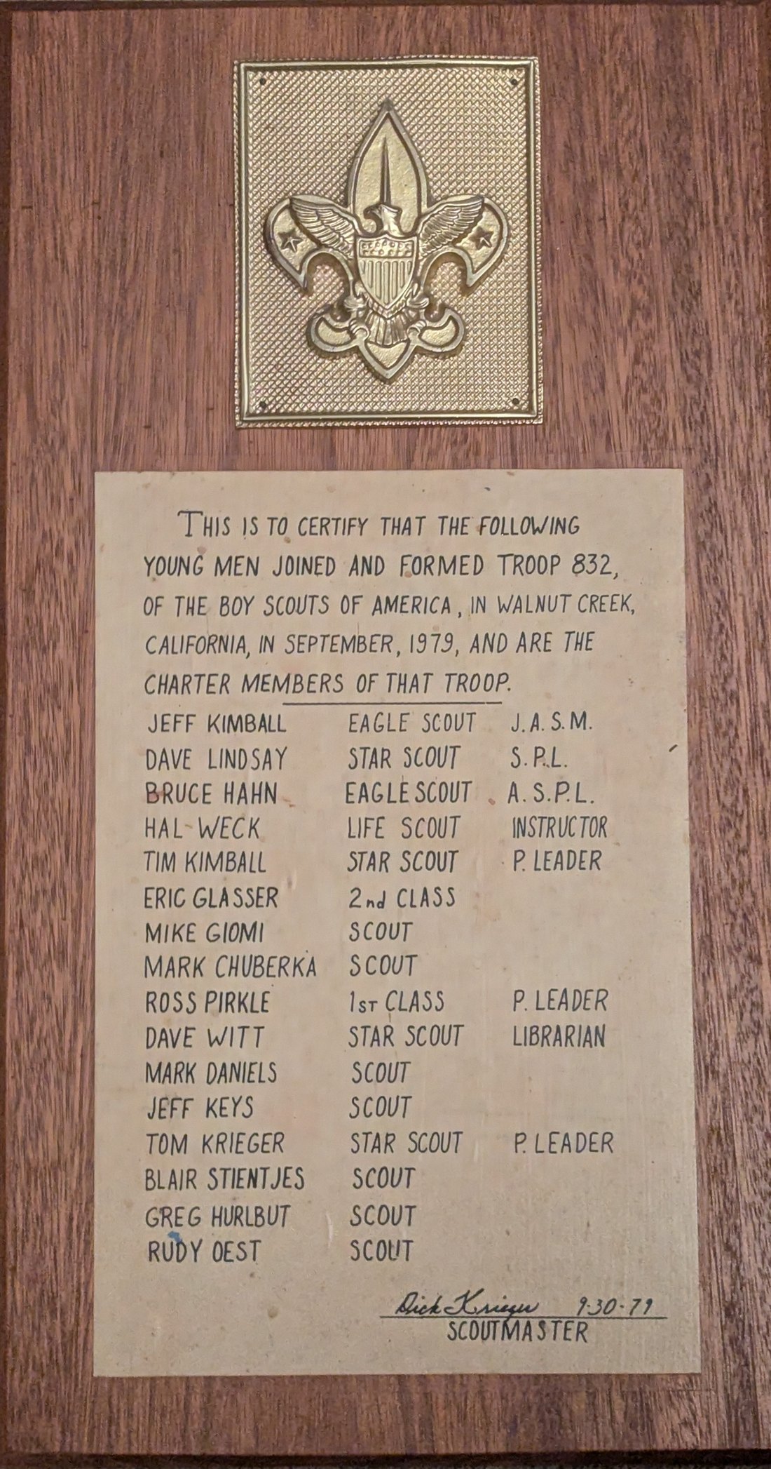 Troop 832 September 1979 Founders Plaque listing original Scoutmaster Dick Krieger and the sixteen charter Scouts